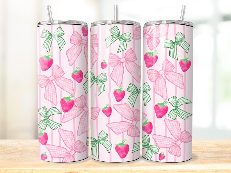 Starwberry Coquette design 20 oz Tumbler wrap, Preppy girly sublimation design, Strawberry and bows skinny tumbler design image 1