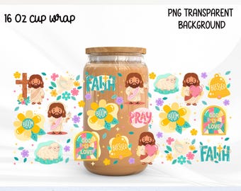 Rótulo PNG para lata de vidro de 473ml com estampa floral cristã, design inspirador para copo com estampa de Jesus, design religioso abençoado.