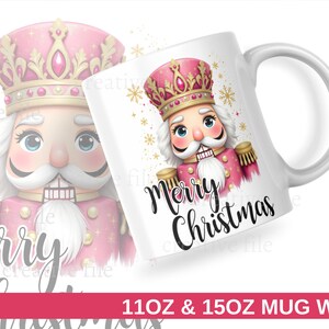 May include: White ceramic mug featuring a pink and gold nutcracker design with the words "Merry Christmas". The nutcracker has a pink crown and uniform. Gold snowflakes are scattered around the design. The mug is a holiday-themed item.