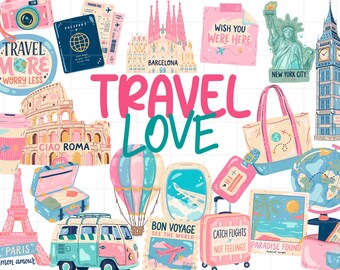 Travel Lover Clipart Bundle PNG, Vacation Travel Graphics, Travel Around the World Graphics, Girls Trip PNG