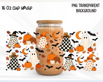 Boho Halloween 16oz Glass Can Wrap PNG, Checkered ghost png, Autumn Halloween Cup, Pumpkin fall wrap, Polka dot Ghost,  Fall Spooky png