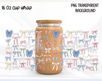 Coquette Bows Libbey glass can png, Ribbon lovely 16 oz tumbler wrap design uv dtf, Colorful Coquette Coffee Glass PNG download