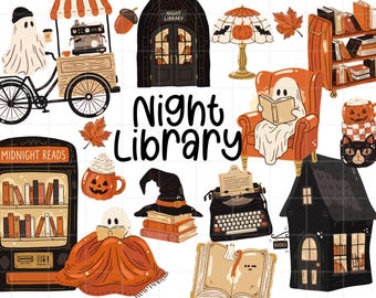 Pacote de Clipart Biblioteca Noturna com 25 PNGs, Clipart Assustador de Livros, Fantasma Lendo em PNG, Leituras da Meia-Noite para o Halloween em Formato Digital, Clipart de Biblioteca Assustadora