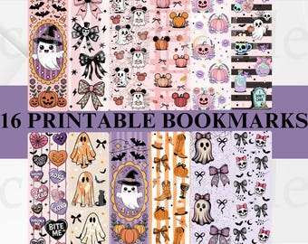 Halloween Coquette Printable Bookmarks Bundle, 16 PNG printable girly Spooky season bookmarks design, Preppy Halloween season bookmark