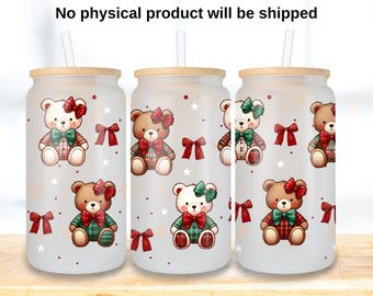 Ursinhos de pelúcia de Natal, lata de 16 onças, embalagem de vidro PNG, laço xadrez fofo para sublimação de feriado, embalagem de urso festivo de Natal, urso coquete de feriado png