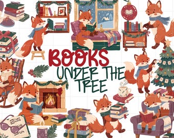 Christmas Fox Clipart Bundle PNG, Bookish Christmas Graphics, Cozy Reading Fox, Holiday Digital Download, Books Under the Tree PNG