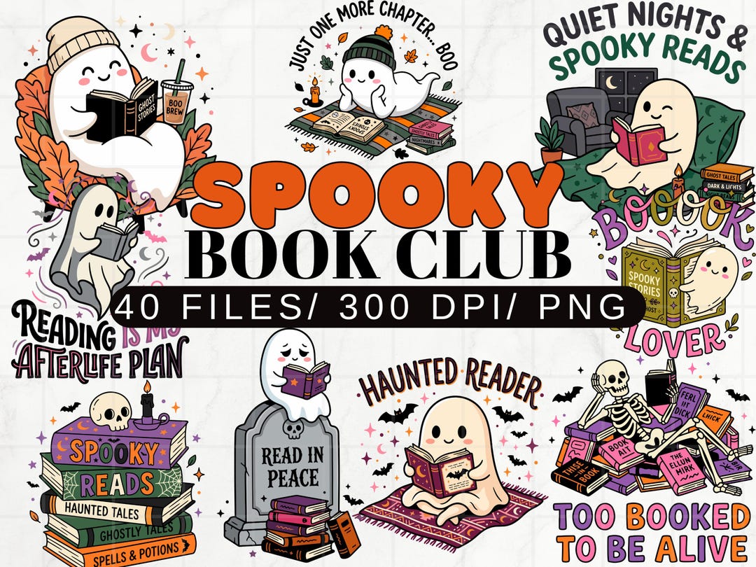 Spooky Book Club Clipart Bundle PNG, Ghost Reader PNG Bundle, Halloween ...