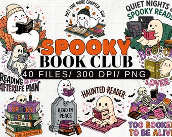 Spooky Book Club Clipart Bundle PNG, Ghost Reader PNG Bundle, Halloween Book Lover Clipart Set, 40 Spooky Reading Designs PNG