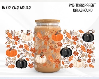 Autumn Pumpkin Glass Can Wrap PNG, Pumpkin Vine Sublimation Design, Fall drinkware, Pumpkin Season Cup, Girly Autumn pattern design