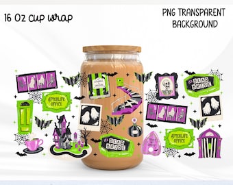 Spooky Halloween Glass Can Wrap PNG 16oz, Gothic Afterlife Libbey Cup Wrap, Ghost and skeletons png, Haunted House Design