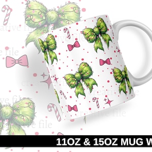 Green christmas Coquette bow mug png, Xmas Ribbon 15 oz coffee cup wrap sublimation design, Holiday funny cartoon 11 oz cup png wrap design