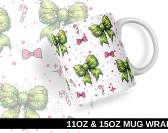Grinchmas Coquette bow mug png, Grinch ribbon xmas 15 oz coffee cup wrap sublimation design, Holiday funny cartoon 11 oz cup png wrap design