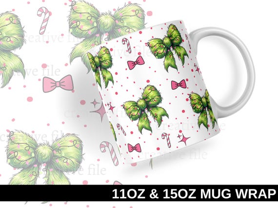 Green christmas Coquette bow mug png, Xmas Ribbon 15 oz coffee cup wrap sublimation design, Holiday funny cartoon 11 oz cup png wrap design