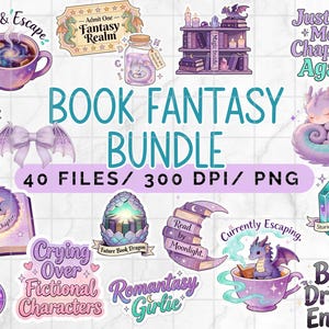 Op de afbeelding: Een verzameling fantasy-thema stickers met illustraties van draken, boeken en magische elementen. De stickers bevatten zinnen als "Book Fantasy Bundle", "Just One More Chapter" en "Crying Over Fictional Characters". Het kleurenpalet omvat paars, blauw en roze.