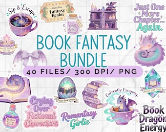 Fantasy Book Clipart Bundle PNG, 40 Dragon Romantasy Graphics,  Dragon Wings Stickers, Magic Dragon Clipart, Fantasy reader Pack