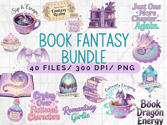 Fantasy Book Clipart Bundle PNG, 40 Dragon Romantasy Graphics,  Dragon Wings Stickers, Magic Dragon Clipart, Fantasy reader Pack