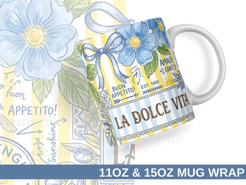 May include: White ceramic mug with a wraparound design featuring blue floral illustrations, a blue bow, and the words "LA DOLCE VITA" and "BUON APPETITO!". The mug also has the text "AMALFI COAST EST. 1991".