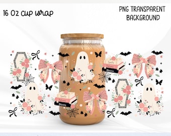 Coquette Halloween Ghost Glass Can Wrap PNG, Floral Ghost Libbey Cup Wrap,Spooky Bow Cup Digital Download, Coquette Floral autumn wrap