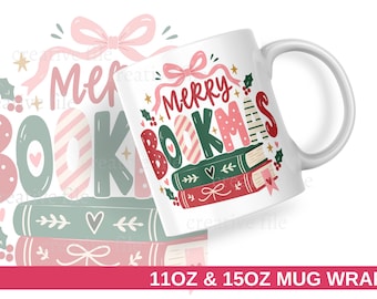 Christmas Book Mug Wrap PNG, Merry Books Mug Sublimation, 11oz 15oz Mug Wrap, Book Lover Holiday Cup Design