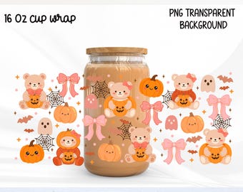 Halloween Bear Glass Can Wrap PNG, Pumpkin Teddy Libbey Cup Wrap, Pastel aesthetic Halloween, Girly spooky bear png