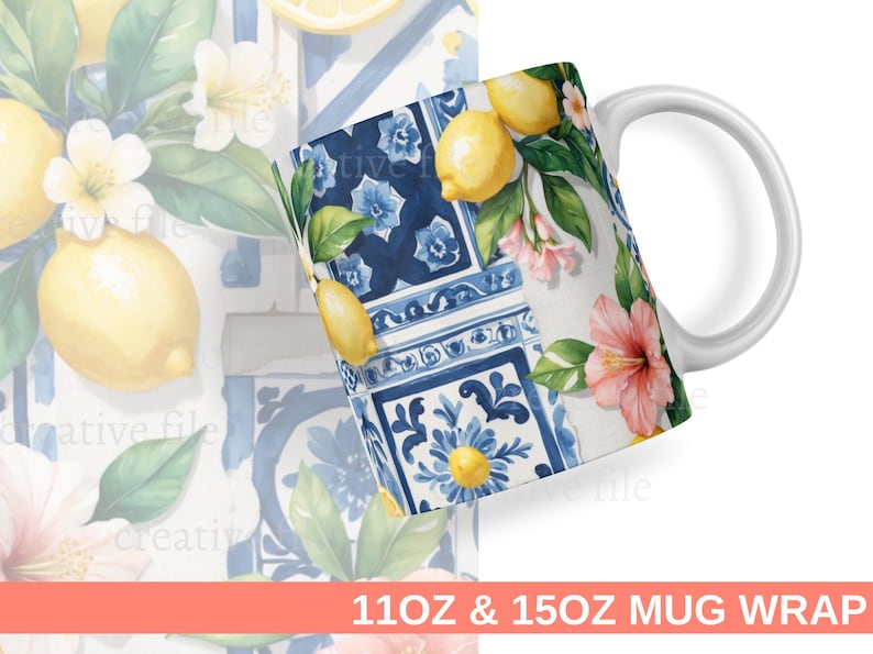 May include: White ceramic mug featuring a wrap-around design with lemons, flowers, and blue tile patterns. The design includes yellow lemons, pink hibiscus flowers, and a blue and white tile pattern. The mug is labeled "11OZ & 150Z MUG WRAP".