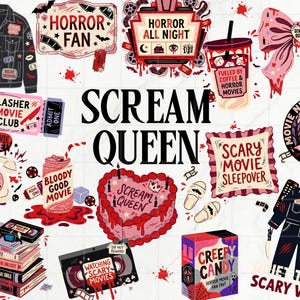 Paquete de imágenes prediseñadas de reina del grito PNG, fanático del terror PNG, imágenes prediseñadas de noche de películas de terror, imágenes prediseñadas de terror retro, estética de chica final, paquete de pegatinas de terror