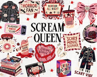 Scream Queen Clipart Bundle PNG, Horror Fan PNG, Spooky Movie Night Clipart, Retro Horror clipart, Final Girl Aesthetic, Spooky Sticker pack
