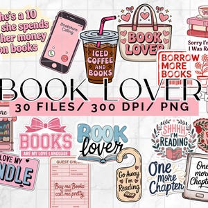 Puede incluir: Una colección de pegatinas digitales con temática de libros en rosa y azul. Incluye un teléfono con "Bookstore Calling", café helado, un bolso tote con "Book Lover" y un letrero de "Favorite Bookstore". El texto incluye "She's a 10 but she spends all her money on books".