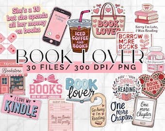 Book lover Clipart bundle, 30 Reading Sticker PNG Files, Bookish Digital Download Pack, Reading Quotes PNG Bundle, Bookworm Collection