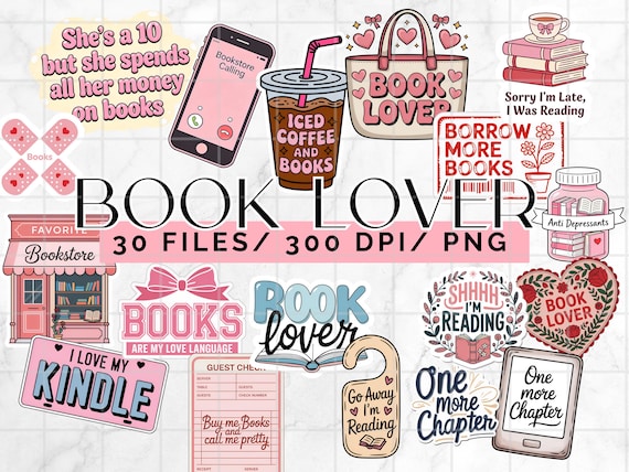 Book lover Clipart bundle, 30 Reading Sticker PNG Files, Bookish Digital Download Pack, Reading Quotes PNG Bundle, Bookworm Collection