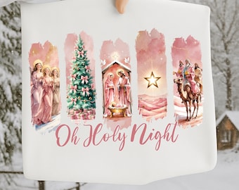 Oh Holy Night Nativity Scene PNG, Christian Christmas Shirt Design, Pink coquette manger design , Gold Brush Stroke Xmas Sublimation Design