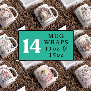 May include: A collection of 14 ceramic mugs with various religious-themed designs. The mugs are 11oz and 15oz, featuring images of the Nativity, the Madonna and Child, and other religious figures. The mugs are displayed in white boxes with brown paper filler.
