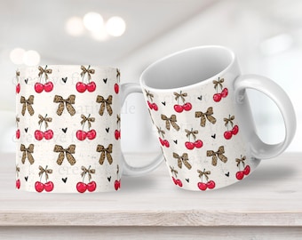 Kirsche Coquette Kaffeetassenverpackung, digitale PNG für 11 Unzen 15 Unzen Sublimation, süße rote Schleifenbecherverpackung, Sofortiger Download PNG für Sublimationshandwerk