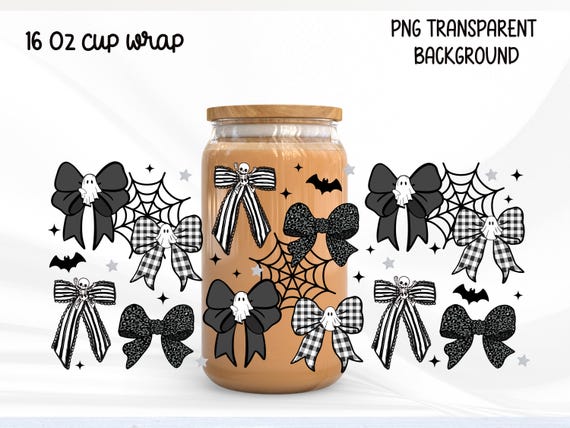 Halloween coquette bows Wrap PNG, Glass Can Girly Halloween bow Wrap, Ghost bows png digital file, Halloween ribbons Iced Coffee Wrap