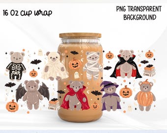Halloween Teddy Bear Glass Can Wrap PNG 16oz, Spooky Bear Libbey Cup Wrap, Costume Bear Sublimation, Pumpkin Ghost Design