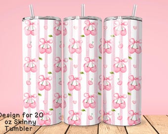 Chekered Cherry Coquette 20 OZ skinny tumbler png, red cherry trend  20 oz bottle template wrap,  sublimation wrap design