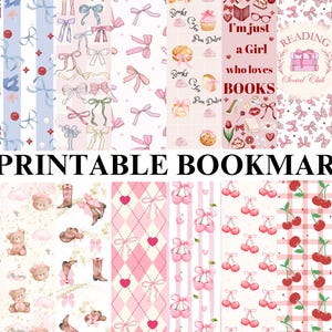 Könnte beinhalten: Set mit 16 druckbaren Lesezeichen mit verschiedenen Designs. Die Designs umfassen ein rosa-weißes Gingham-Muster, ein rosa-weißes Streifenmuster, ein rosa-weißes Karomuster, ein rosa-weißes Schleifenmuster, ein rosa-weißes Blumenmuster, ein rosa-weißes Teddybär-Muster und ein rosa-weißes Kaffeetassenmuster. Die Lesezeichen zeigen auch den Text "Coquette Social Club", "Ich bin nur ein Mädchen, das Bücher liebt" und "Reading Social Club".