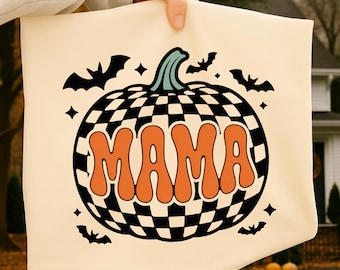 Mama Halloween PNG, Checkerboard Pumpkin Shirt Design, Spooky Fall Sublimation PNG, Autumn Mama tshirt design, Retor pumpkin clipart