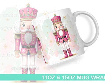 Adesivo para Caneca Quebra-Nozes em Tons Pastel PNG, Design de Caneca de Natal em Aquarela, Adesivo para Caneca de Natal de 325ml e 445ml por Sublimação, Arte Elegante para Adesivo de Caneca de Natal