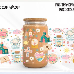May include: A 16 oz cup wrap design featuring religious motifs including churches, crosses, sheep, open bibles, and jars with the text Prayer Changes Things, God Is Good, Jesus Loves You, and Loved and Chosen in pastel colors.
