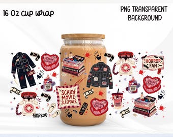Halloween Movie Sleepover Glass Can Wrap PNG, Horror Fan Libbey Cup Wrap, Spooky Movie Night, Horror movie girly wrap, Scary Halloween png