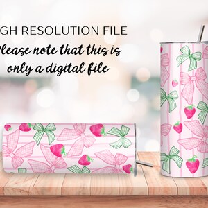 Starwberry Coquette design 20 oz Tumbler wrap, Preppy girly sublimation design, Strawberry and bows skinny tumbler design image 5