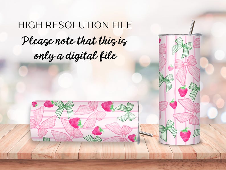 Starwberry Coquette design 20 oz Tumbler wrap, Preppy girly sublimation design, Strawberry and bows skinny tumbler design image 5