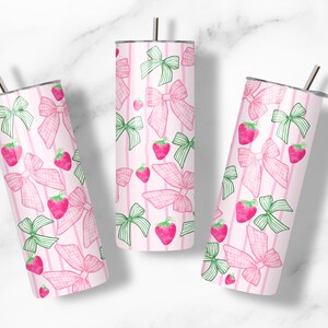 Starwberry Coquette design 20 oz Tumbler wrap, Preppy girly sublimation design, Strawberry and bows skinny tumbler design image 4