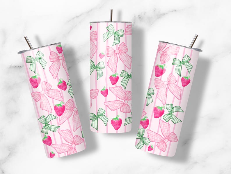 Starwberry Coquette design 20 oz Tumbler wrap, Preppy girly sublimation design, Strawberry and bows skinny tumbler design image 4