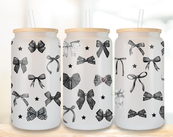 Black Coquette Bows Libbey glass can png, watercolor ribbon cute 16 oz tumbler wrap design uv dtf, Black Coquette Coffee Glass PNG download