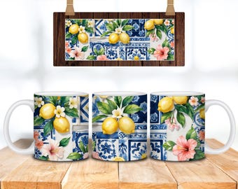 Lemon & Flowers Amalfi inspired mug png, Italian pattern 15 oz coffee cup wrap sublimation design, Amalfi coast elegant 11 oz cup png design