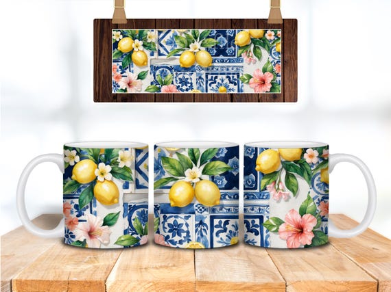 Lemon & Flowers Amalfi inspired mug png, Italian pattern 15 oz coffee cup wrap sublimation design, Amalfi coast elegant 11 oz cup png design