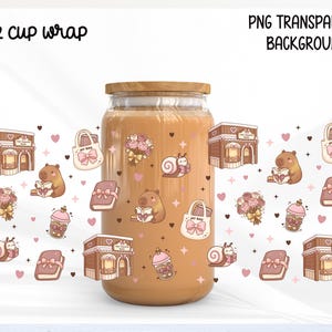Café Capibara 16oz Can Glass Wrap PNG, Coquette Book Coffee shop Wrap, Reading Theme Cup Wrap, Girly Glass Can Design, Book lover wrap