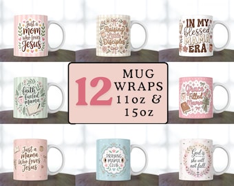 Christian Mom Mug Wrap Bundle PNG, 12 Faith Based Mama Mug Designs 11oz 15oz, Religious Mug Sublimation Bundle